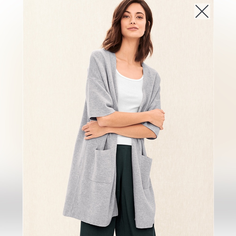 Eileen Fisher Fine Organic Cotton & Silk Blend Open Front Long Line Cardigan, L